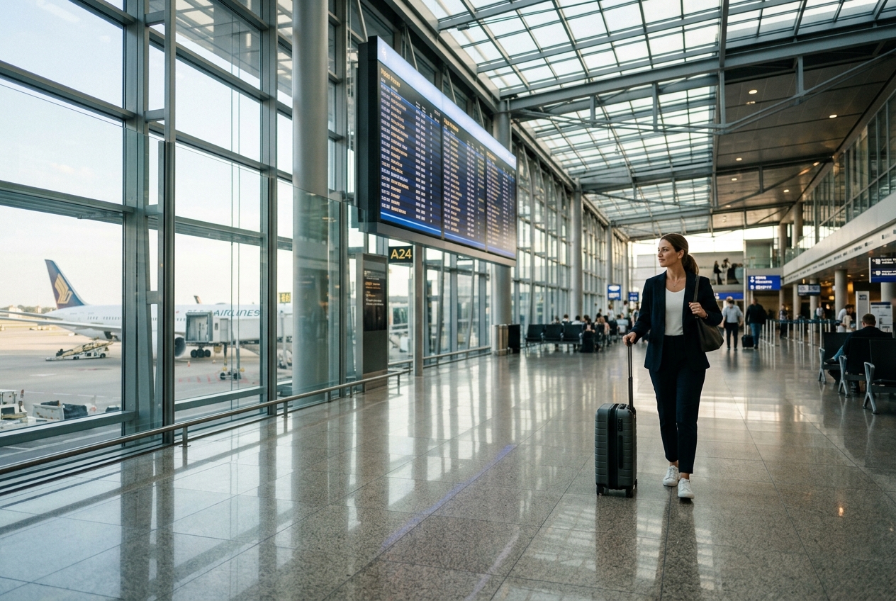Traveler with rolling suitcase inside an international airport terminal