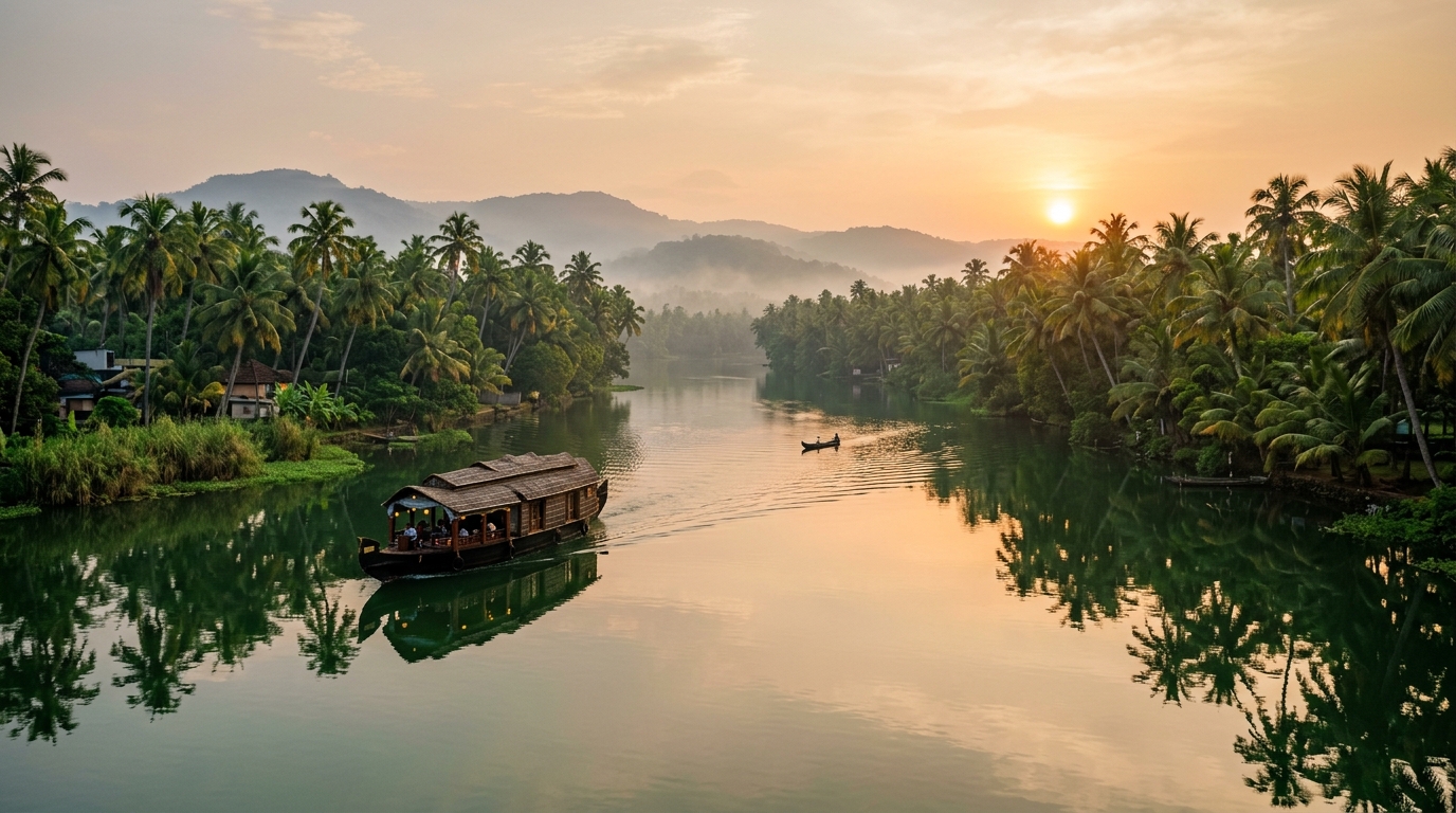 Scenic backwaters at sunrise with palm groves and a traditional houseboat